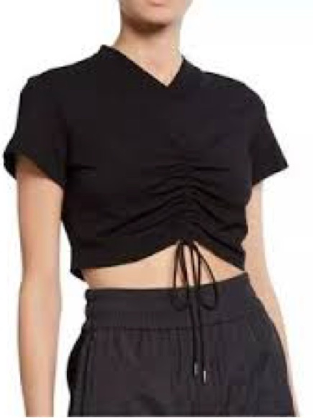 Alexander Wang Black Ruched Drawstring V-Neck Crop Top size M